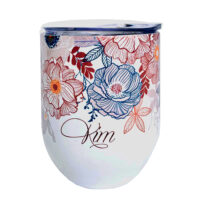 vaso personalizado diseño flores azul y naranja